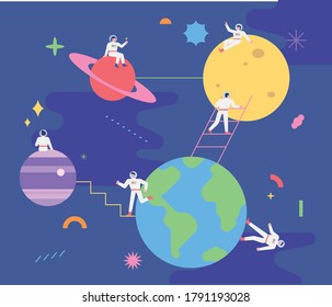 Cute astronauts roaming many planets. flat design style minimal vector illustration.