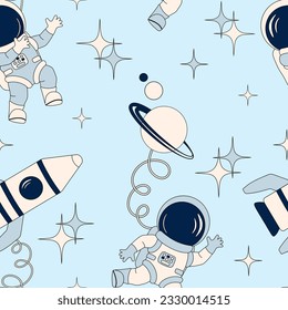 Cute astronauts in space with rocket and planet. Cartoon vector illustration. Seamless pattern for fabrics, wrapping paper, wallpapers.