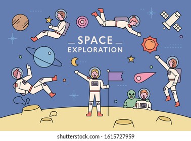 Cute astronauts are swimming in space. A spaceman with a flag on a new planet. flat design style minimal vector illustration.