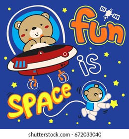 Cute astronauts teddy bear riding a spaceship in space with his brother, illustration vector.