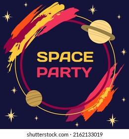 Cute astronomical shapes, cosmic design elements. Sky with heavenly bodies. Postcard or banner with planets and starry sky. Postal card in space style. Greeting card or invitation to space party