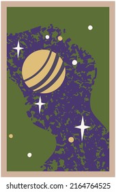 Cute astronomical shapes, cosmic design elements. Sky landscape with heavenly bodies. Postcard with planet and starry sky. Postal card in space style. Greeting card or invitation to space party