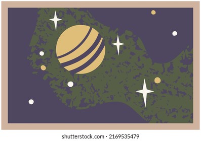 Cute astronomical shapes, cosmic design elements. Sky landscape with heavenly bodies. Postcard with planet and starry sky. Postal card in space style. Greeting card or invitation to space party