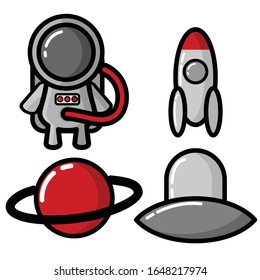 Cute Astronout Cartoon Character. Rocket, Planet And UFO design Flat. Set 4 Mascot