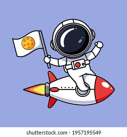 Cute astronout with rocket and flag