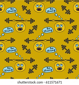Cute athlete with barbell emoticon seamless pattern.Cartoon yellow emoji vector background.texture template.smiley for textiles,interior design,scrapbook, website background,wrapping,pack paper,cover