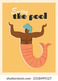 Cute athlete, a chubby African Merman, Enjoy the pool motto, text. Retro-style summer advertising poster, Merman art print, ad banner. Summer swimming, beach vacation concept.