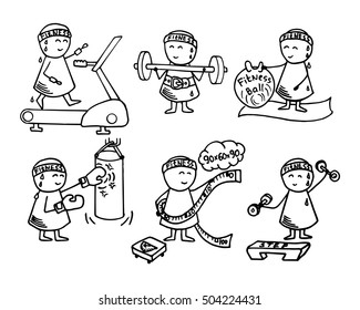 Cute athletes icons. Health, fitness, sport training  - doodles set. Vector funny background.