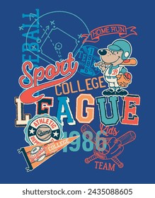 Cute athletic department college baseball kids league vintage vector print for children wear 