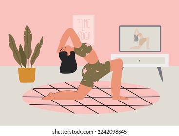 cute athletic girl doing yoga and fitness in different poses on a white background. A collection showing different yoga poses. Isolated on white background.