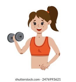 Mujer atlética linda con mancuerna, Clipart de Vector. Chica muscular sonriente haciendo ejercicio, fitness. Estilo de vida saludable, persona deportiva. Entrenamiento en el gimnasio. Dibujado a mano garabato de dibujos animados aislado en blanco