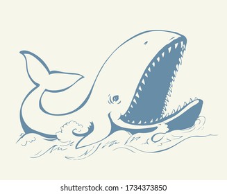 Cute atlantic aqua baleen old blue minke breach view. Light sky text space backdrop. Outline black hand drawn deep undersea huge zoo eat pictogram emblem design in retro art doodle engrave print style