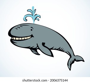 Cute atlantic aqua baleen old blue minke breach view. Light sky text space backdrop. Outline black hand drawn deep undersea huge zoo eat pictogram emblem design in retro art doodle engrave print style