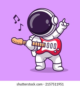 Cute Atronaut Playing Electric Guitar Cartoon Vector Icon Illustration. Science Technology Icon Concept Isolated Premium Vector. Flat Cartoon Style