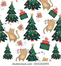 Cute ats decorate the Christmas tree with garlands. Christmas cat seamless pattern. Design suitable for banner, invitation, card, greeting, banner, cover, fabric, wrapping paper, wallpaper