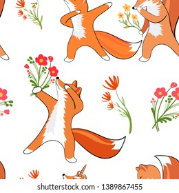 Cute attitude of a Fox. Foxes first date. Bouquet of flowers