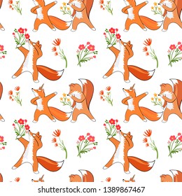 Cute attitude of a Fox. Foxes first date. Bouquet of flowers