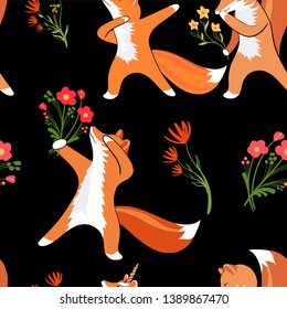 Cute attitude of a Fox. Foxes first date. Bouquet of flowers