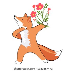 Cute attitude of a Fox. Foxes first date. Bouquet of flowers