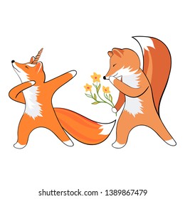 Cute attitude of a Fox. Foxes first date. Bouquet of flowers