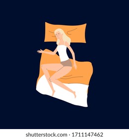 Cute attractive girl or woman cartoon character sleeping on bed, flat vector illustration isolated on dark blue background. Night dreams and relaxation at home.