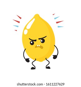 Cute, attractive lemon, funny character with emotion, surprise, irritation, anger. Vector illustration. For packaging, brochures, advertising, design, banner, label.