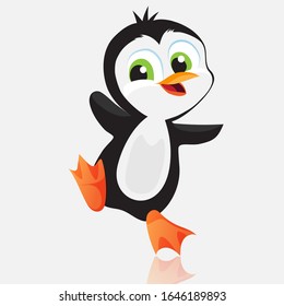Cute and attractive little penguin, looking happy, white background. Vector illustration, flat design.