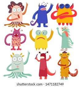 Cute attractive monsters set for print design. Symbol collection. Cute monster collection. Happy kids cartoon collection. People icon set. Hand drawing. Funny cartoon character. White background