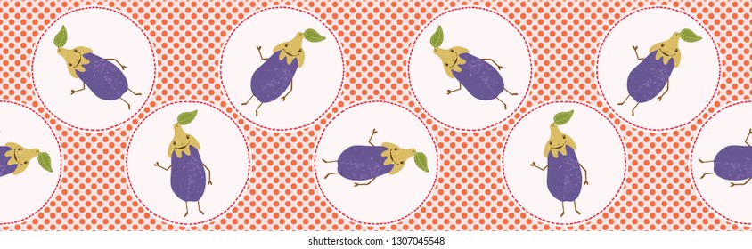 Cute aubergine polka dot vector illustration. Seamless repeating border pattern. Hand drawn kawaii eggplant banner trim background. 1950's style retro kitchen decor, kids textiles, cookery ingredient.