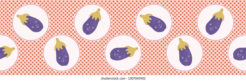 Cute aubergine polka dot vector illustration. Seamless repeating border pattern. Hand drawn kawaii eggplant banner trim background. 1950's style retro kitchen decor, kids textiles, cookery ingredient.