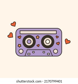 Cute audio cassette with stars and hearts. 80s, 90s vibes funky sticker. Retro music equipment vector illustration. Vintage nostalgia element for card, poster design and print