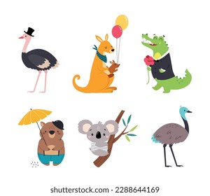 Animal australiano con conjunto de vectores Emu, Kangaroo, Crocodile, Koala, Ostrich y Wombat