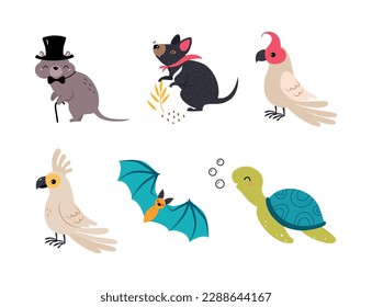 Cute Australian Animal mit Quokka, Tasmanian Devil, Parrot, Bat und Turtle Vector Set