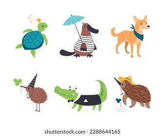 Cute Australian Animal with Turtle, Platypus, Dingo Dog, Kiwi Bird, Crocodile and Echidna Vector Set