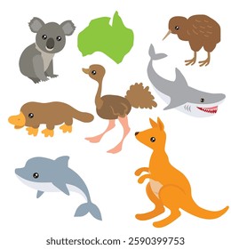 Cute Australian animals collection vector cartoon illustration