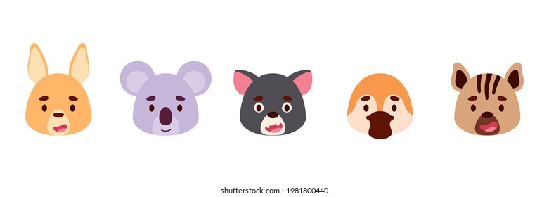 Cute Australian Animals Heads Set. Collection Funny Animals Characters For Kids Cards, Baby Shower, Birthday Invitation, House Interior. Bright Colored Childish Vector Illustration.