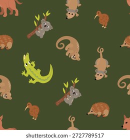 Cute Australian animals, seamless pattern. Kiwi, crocodile, echidna, dingo, koala, wombat, possum