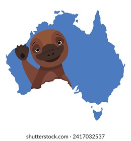 Cute Australian brown platypus waving its paw from inside a map of Australia