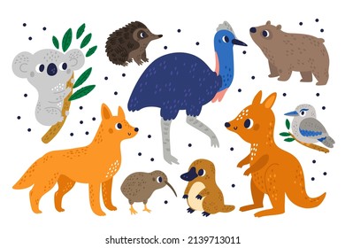Cute Australian exotic animals. Cartoon marsupial mammals and birds. Strange characters. Kiwi and kookaburra. Kangaroo or wombat. Ostrich koala and platypus. Dingo dog