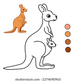 Canguro australiano lindo con bebé en bolsa. Listo para imprimir una página de color simple para niños. Ilustración vectorial del animal.
