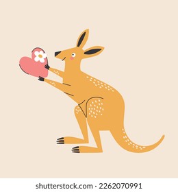 Un canguro australiano lindo con un corazón, una ilustración vectorial de estilo caricatura.