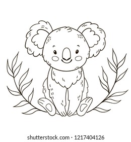 Cute Australian Koala Bear. Black and white outline illustration. Coloring book page.