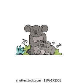 Cute australian koala bear colorful vector stock illustration. Mother and baby koala beautiful illustration. Cute cartoon vector character koala. Baby Shower vector print with cute koalas. 