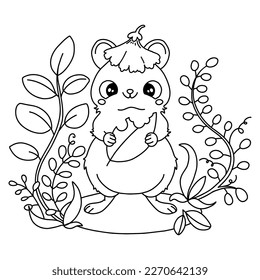 Cute australische Quokka fressen Blatt in Blumenhut. Farbseite für Kinder. Kawaii-Zeichendesign. Schwarz-Weiß-Vektorgrafik.