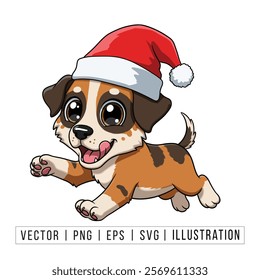 Cute Australian Shepherd Puppy in Santa Hat - Christmas Cartoon Vector Illustration