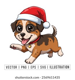 Cute Australian Shepherd Puppy in Santa Hat - Christmas Cartoon Vector Illustration