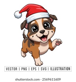 Cute Australian Shepherd Puppy in Santa Hat - Christmas Cartoon Vector Illustration