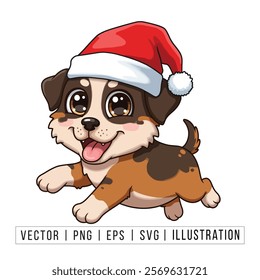 Cute Australian Shepherd Puppy in Santa Hat - Christmas Cartoon Vector Illustration