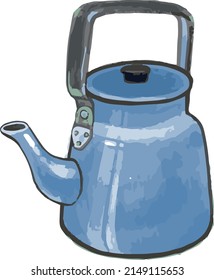 Cute authentic simple enameled blue shiny teapot.