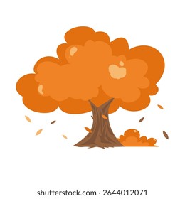 Cute autmn tree cartoon. Nature illustration. Orange tree with falling leaves. Forest element. Can be used for wallpaper, autumn theme, kid room decoration